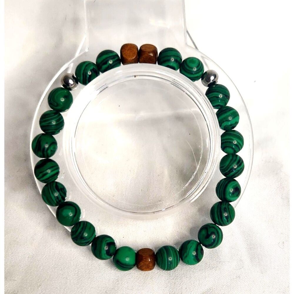 Malachite Natural Gemstone & Wood Beaded Bracelet – Handmade